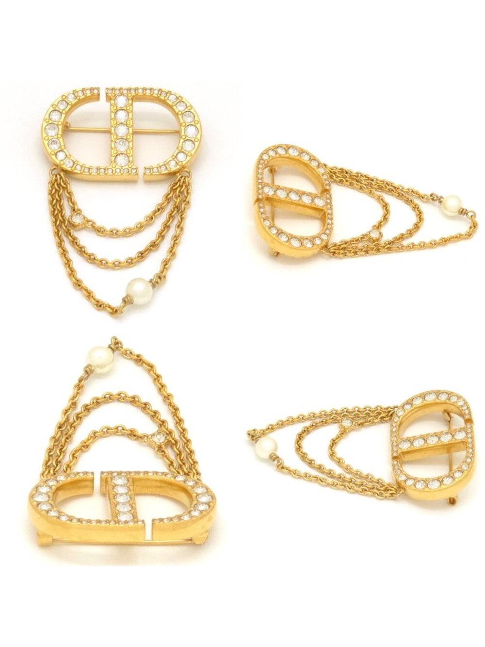 Dior Petit CD Brooch Crystal Resin Pearl Gold Tone Metal Pin CD Signature Drop